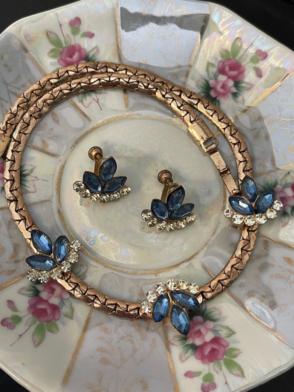 Vintage Gold Plated Blue & Clear Rhinestone Matching Necklace/Earring Set - Picture 10 of 10